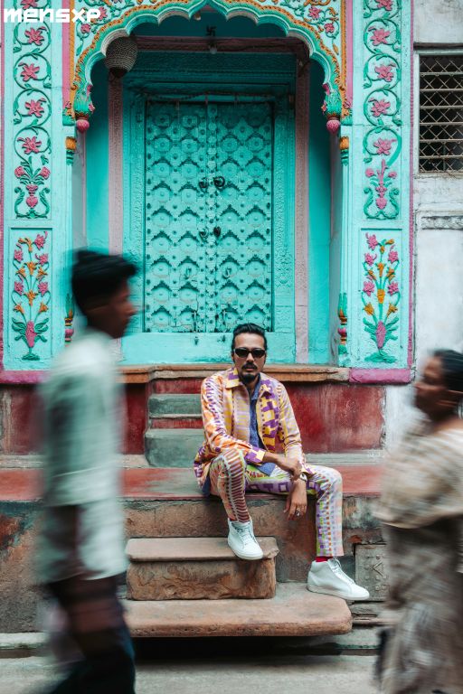 R. J Abhinav in our Geometric Printed Denim Bomber Jacket paired with Geometric Printed Linen Slim Fit Pants from Magical Wilderness Collection