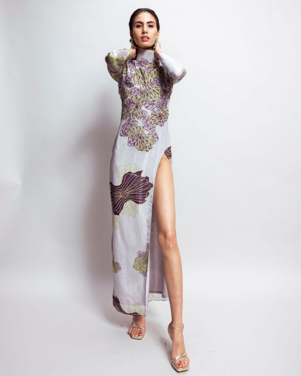 Printed Body Fitted Dress with Embroidery & Side Slit