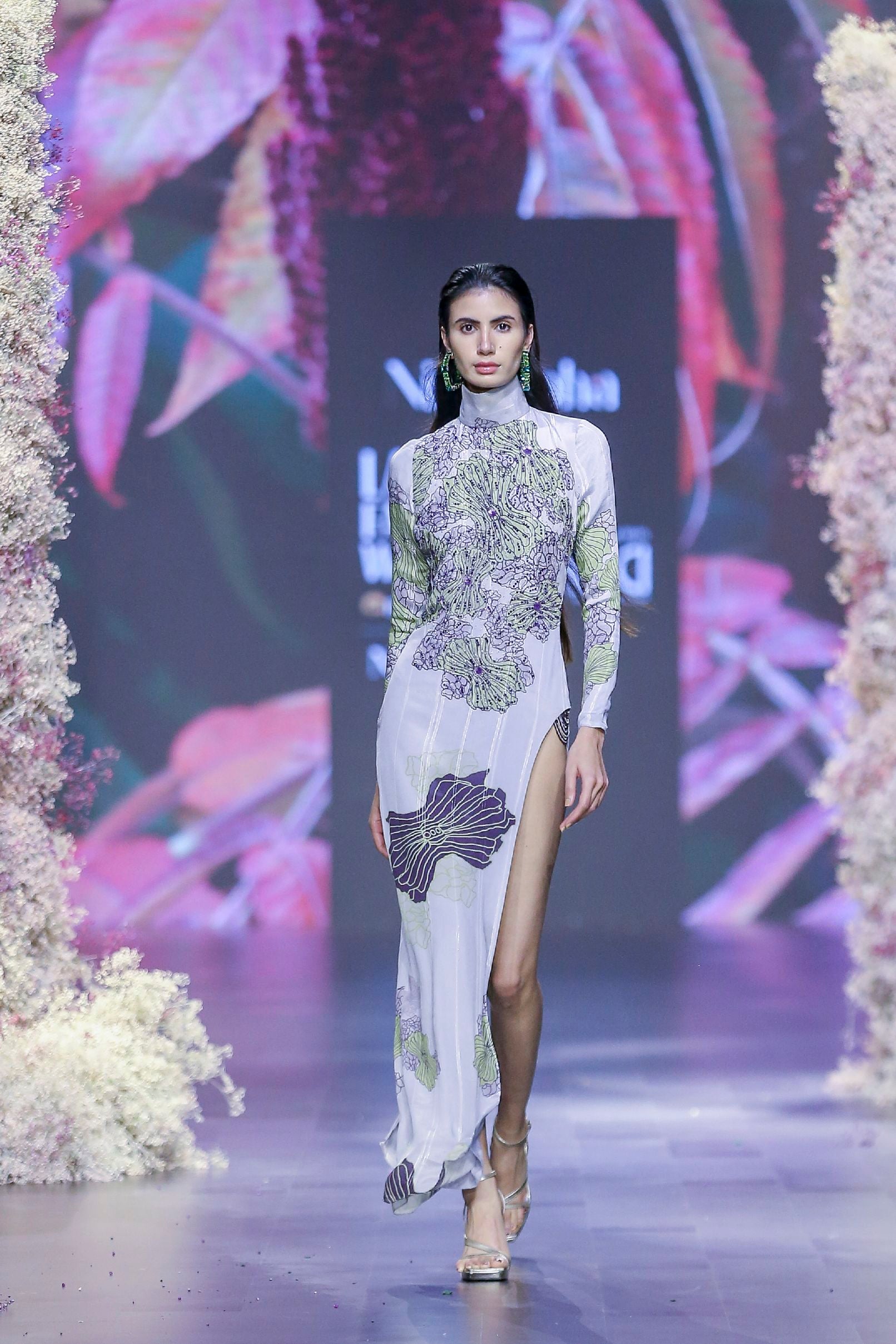 Printed Body Fitted Dress with Embroidery & Side Slit