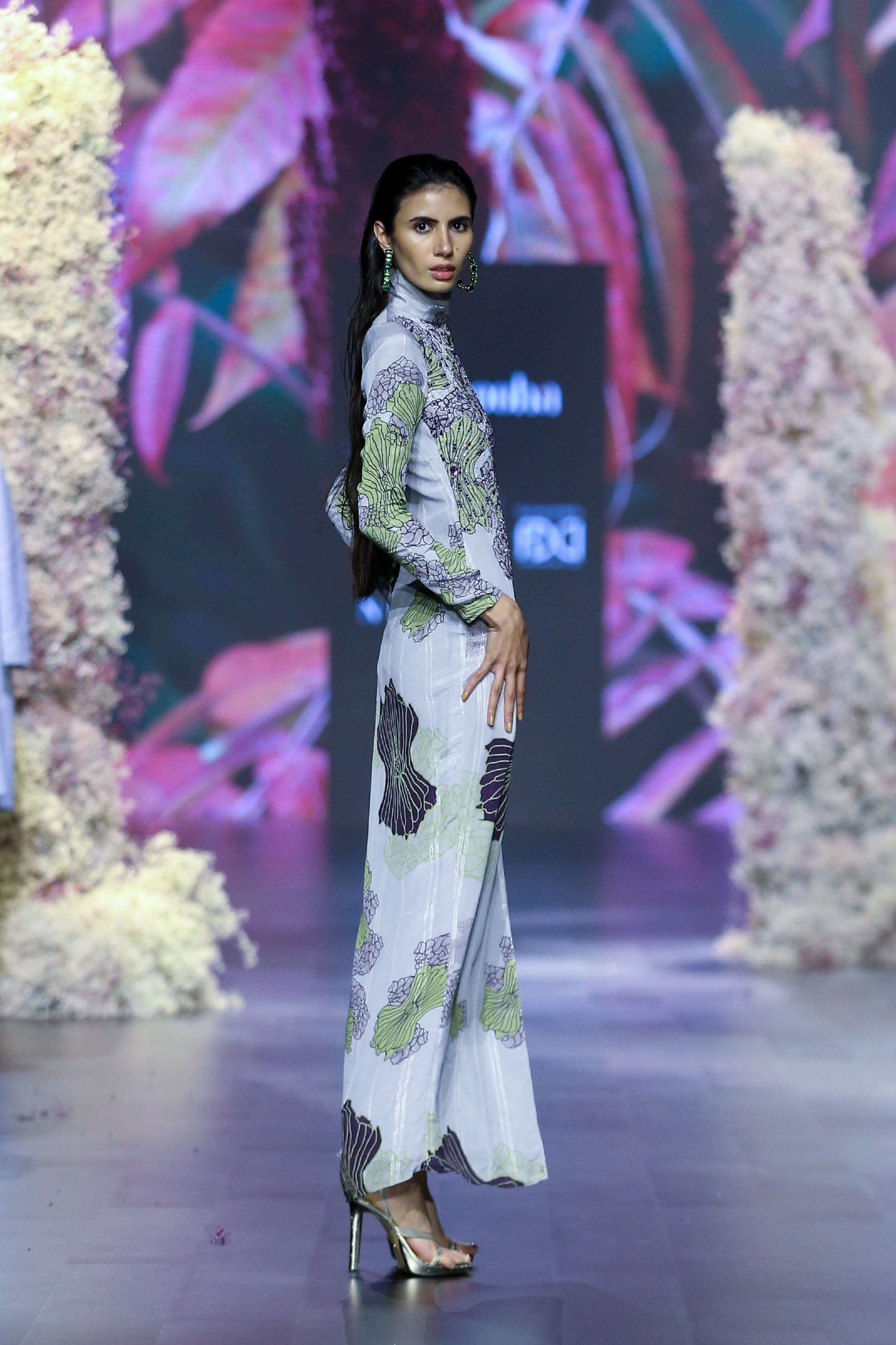 Printed Body Fitted Dress with Embroidery & Side Slit