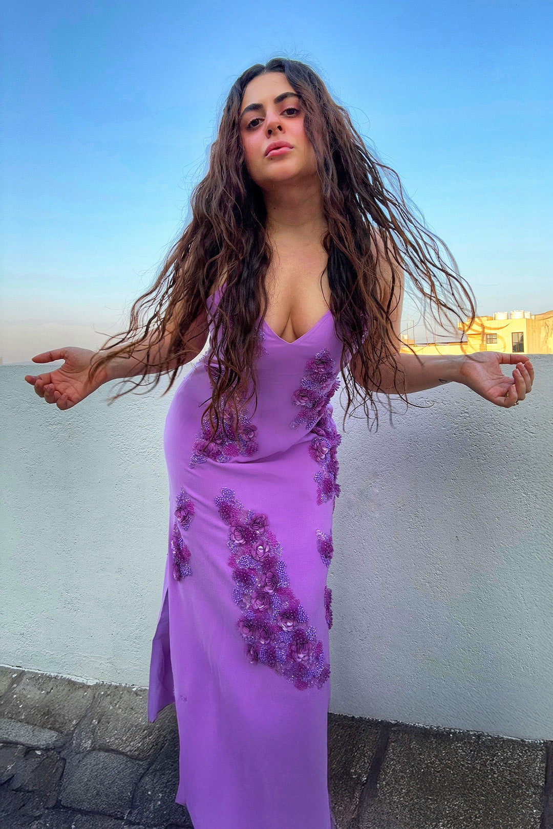 Shreen Sikka in our Lilac Embroidered Dress with Silt Paired with lilac Crop Blazer from Magical Wilderness Collection