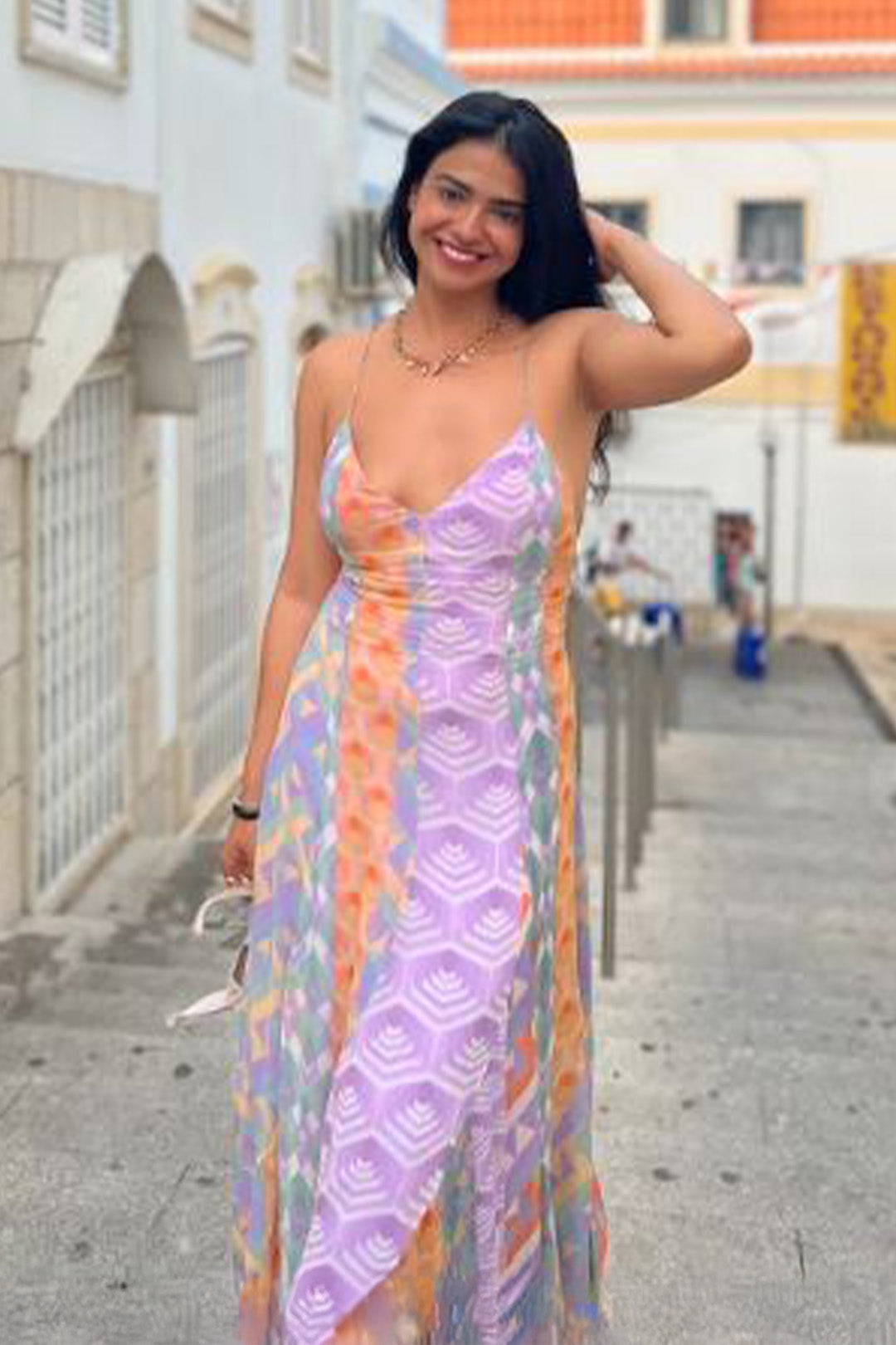 Nishtha gandhi in Nirmooha's Flared Printed Panel Cami Dress from Retro-Spection Collection