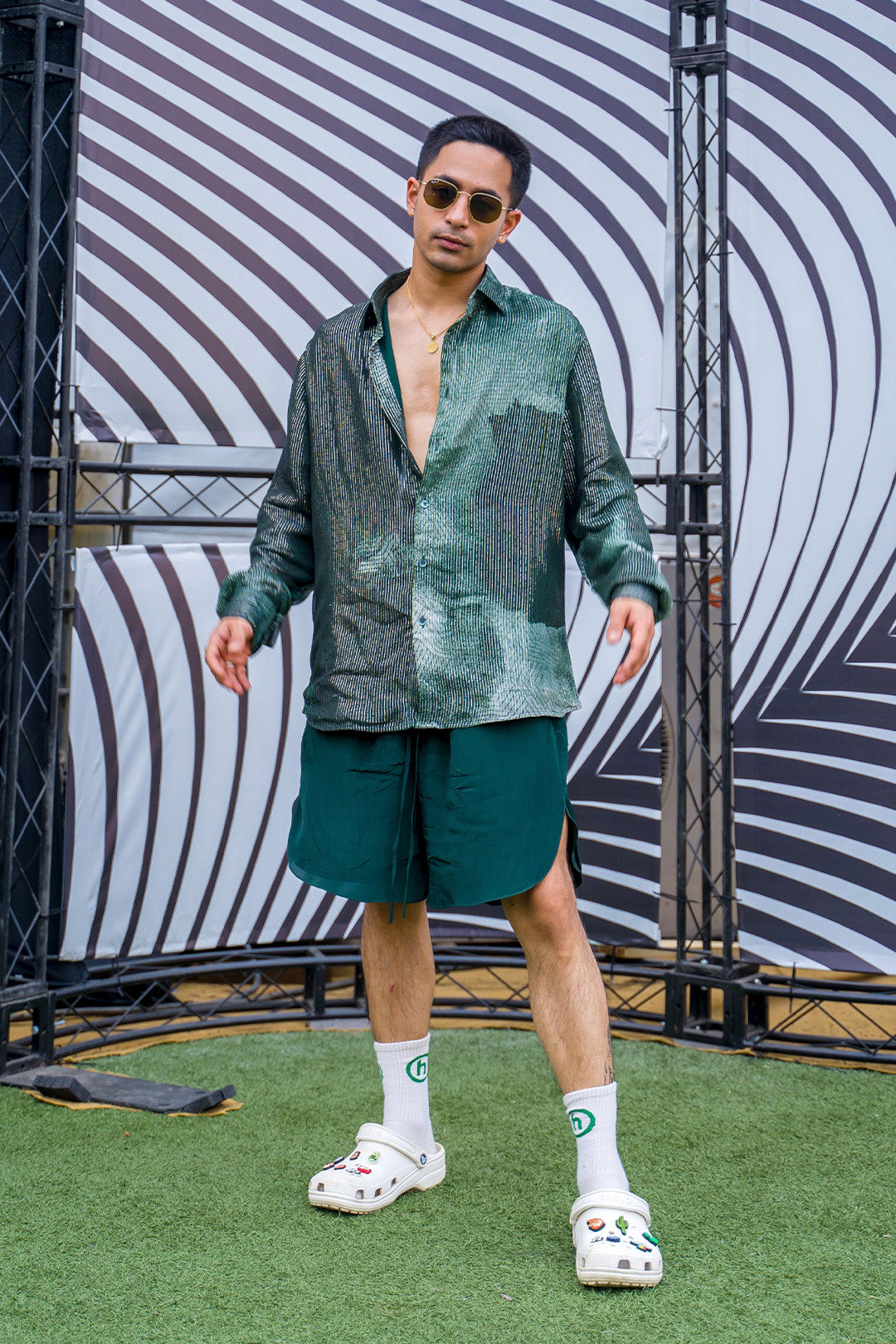 Parakram Rana in Emerald Lurex Blotch Printed Shirt with Lining Paired with Emerald Shorts with Drawstring from Matrix Collection