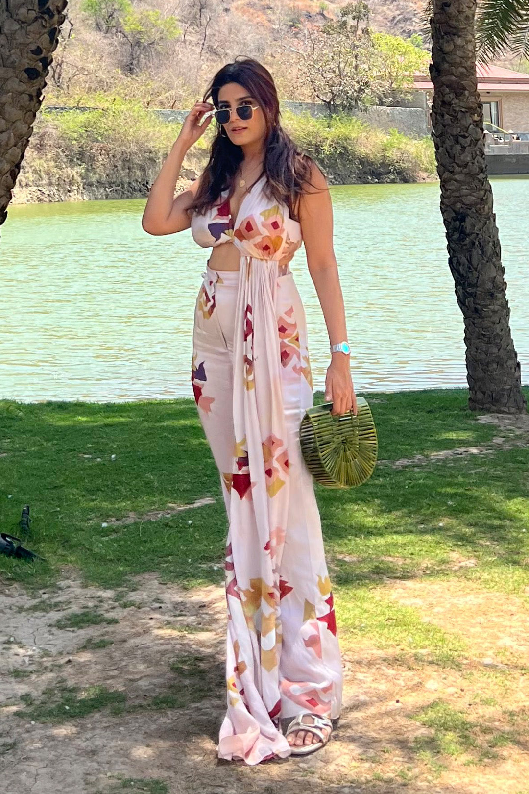 Krishna Talesera in our Patola Printed Asymmetrical Crop Top with High Waist Side Slit Pants from Vilaya