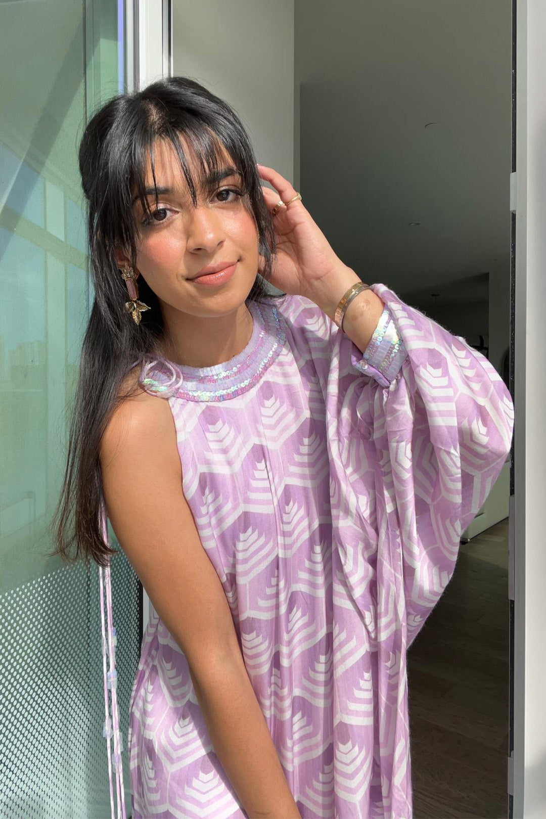 Madiha in One-shouldered Hand-embroidered Printed Kaftan from Retro Spection Collection