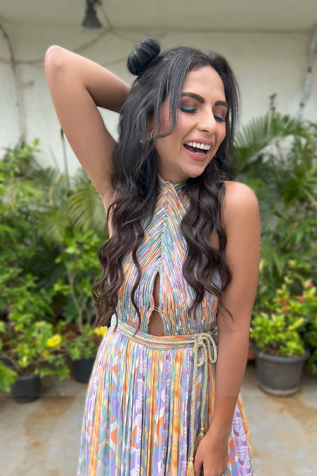 Karishma Sakhrani in Halter Neck Cording Maxi in Multi-Geo Print from Retro-Spection Collection