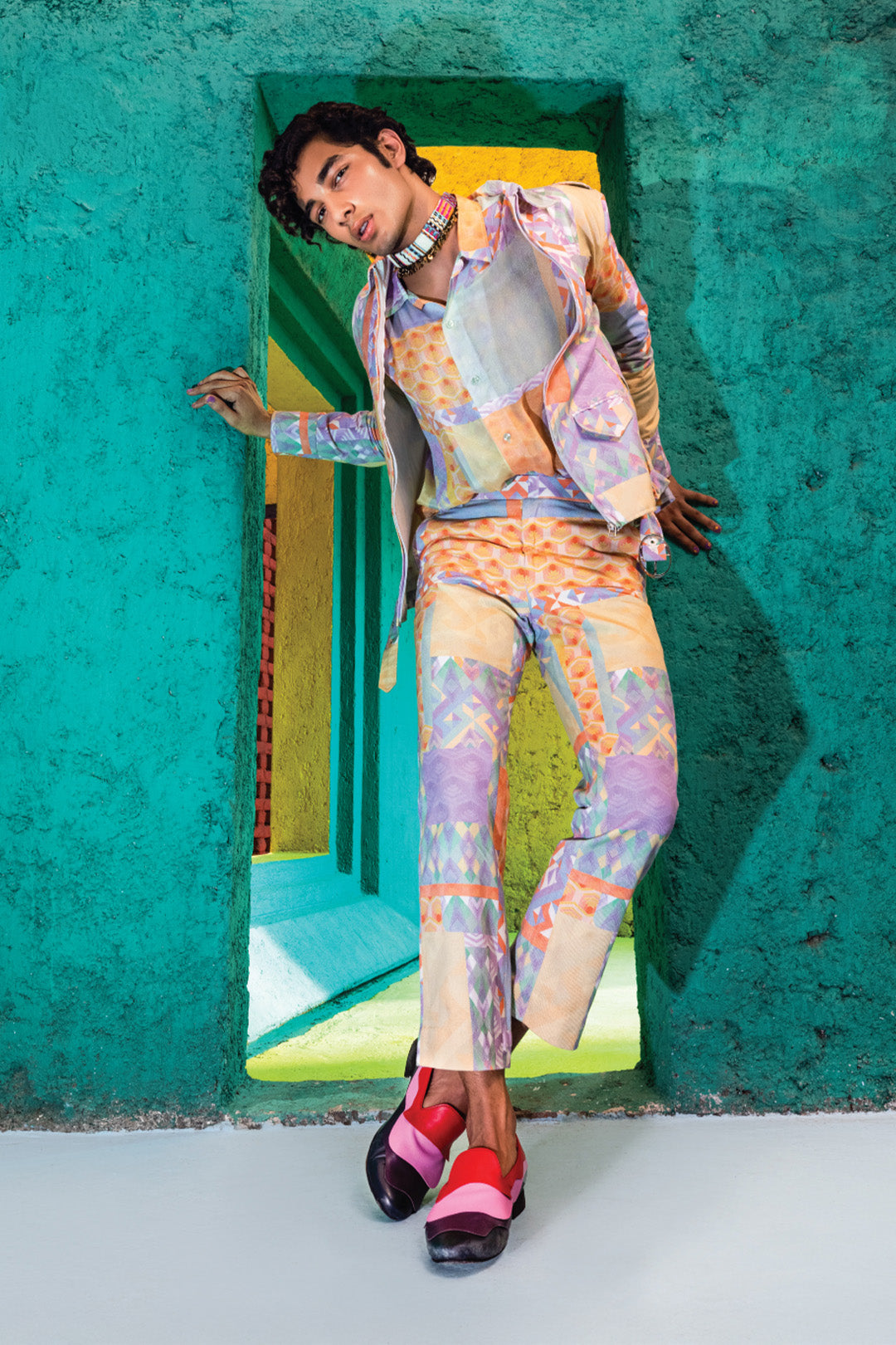 First Look Magazine Shoot in Retro-Spection Collection's Multi Geo Printed Denim Co-ord Set and Multi Geo Printed Shirt