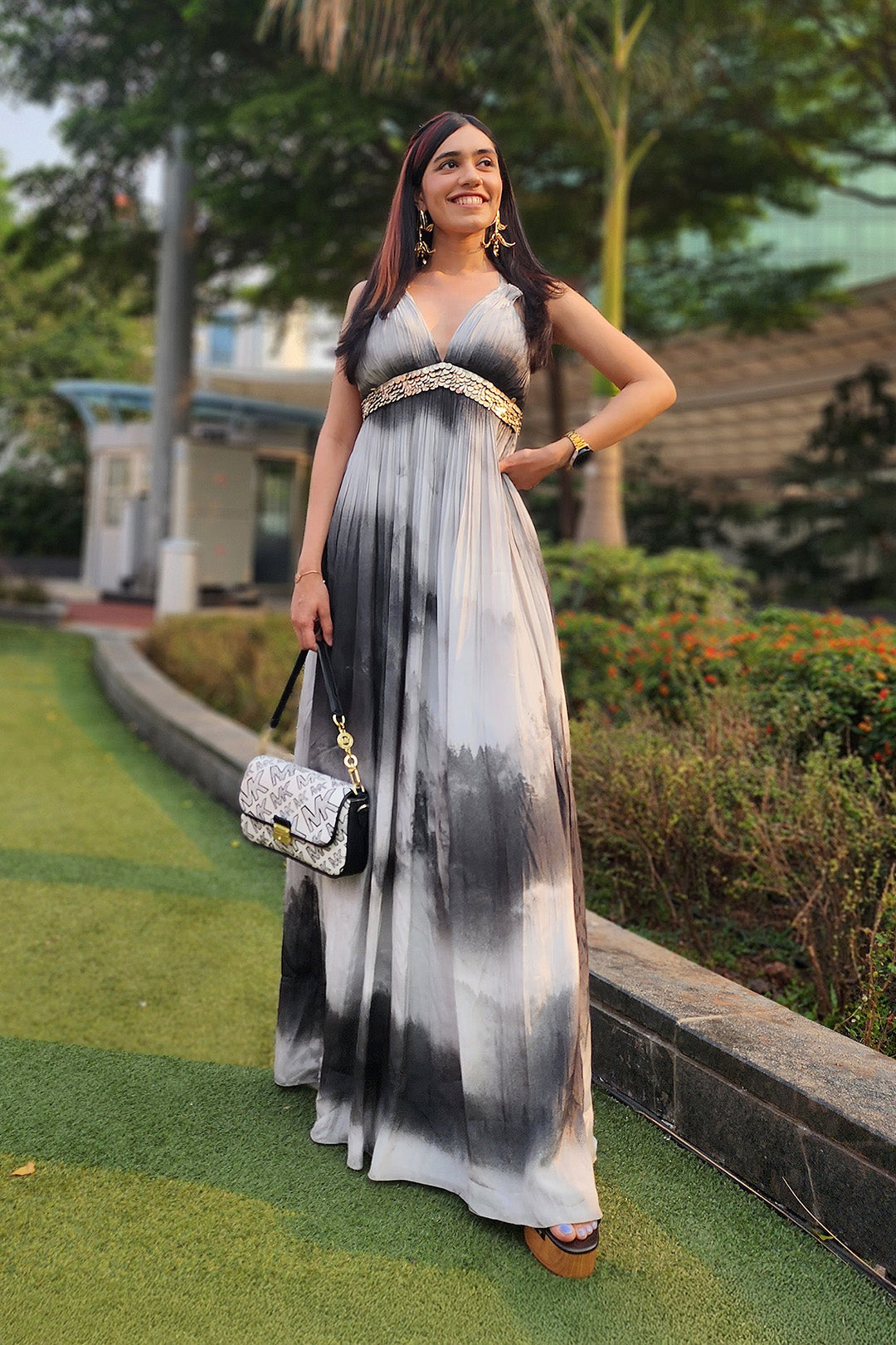 Devangi in our Landscape Printed Slip Dress with V-Neck and Hand Embriodery from Matrix Collection