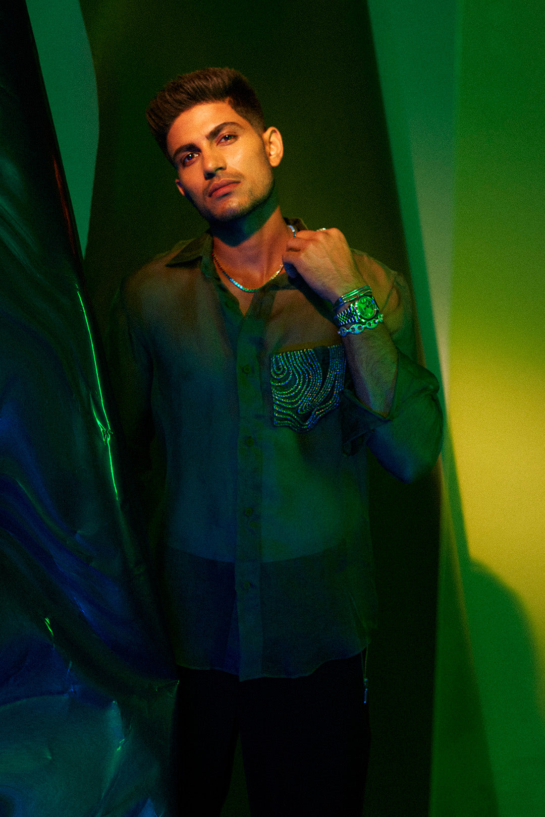 Shubman Gill in Green Organza Shirt & Brown Micro Pants from Ancienne