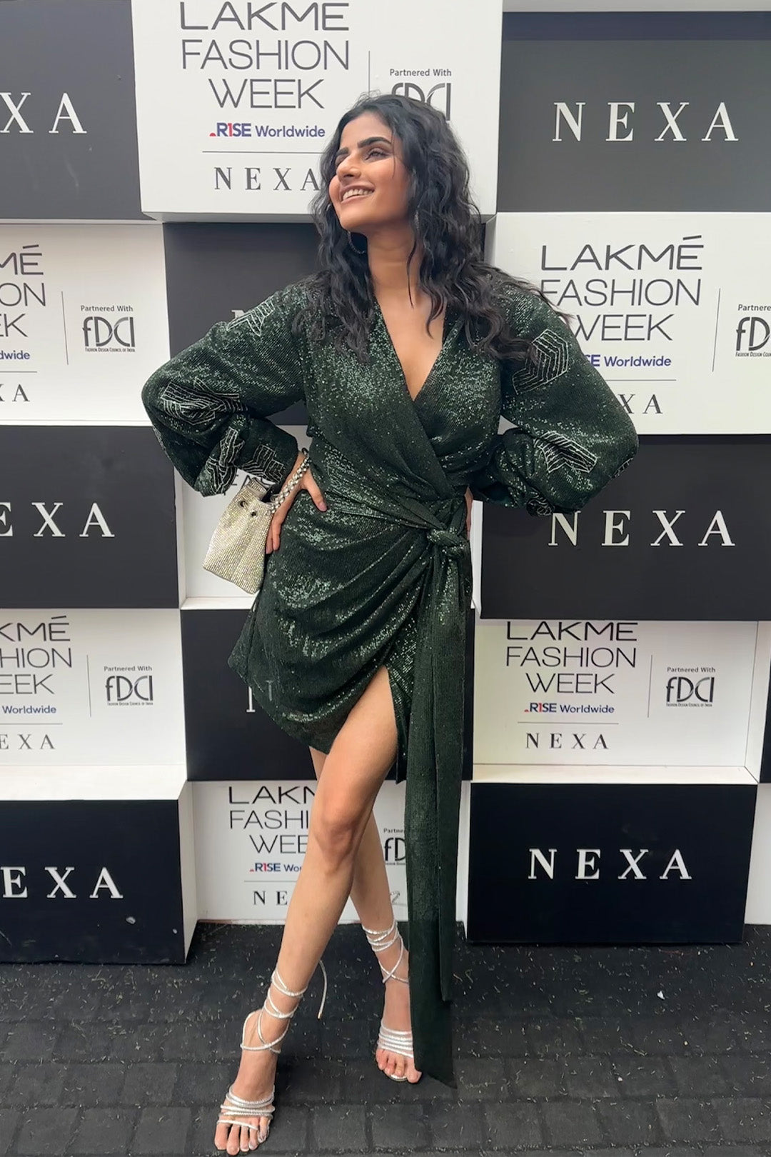 Avantika Dassani in our Emerald Sequin Mini Dress With Puffed & Hand Embroidred Sleeves and Emerald Shimmer Belt from Matrix Collection