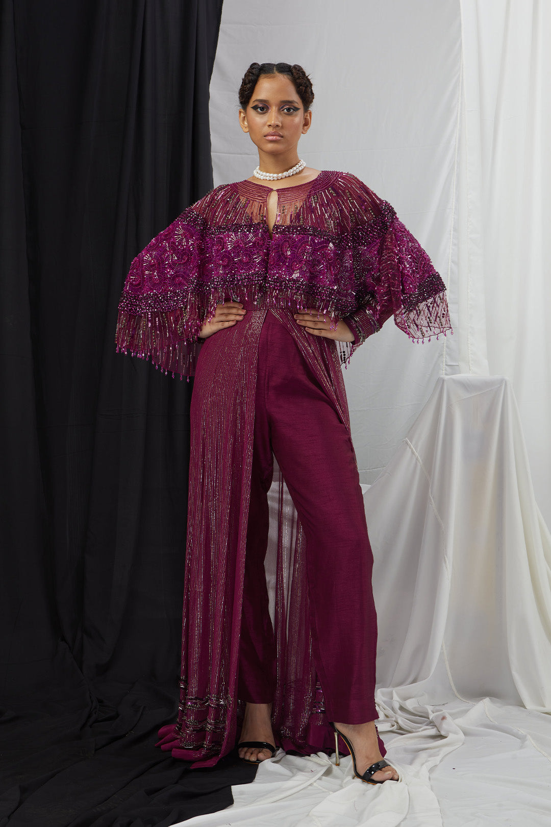 Front Slit Anarkali with Pants and Embellished Cape Set