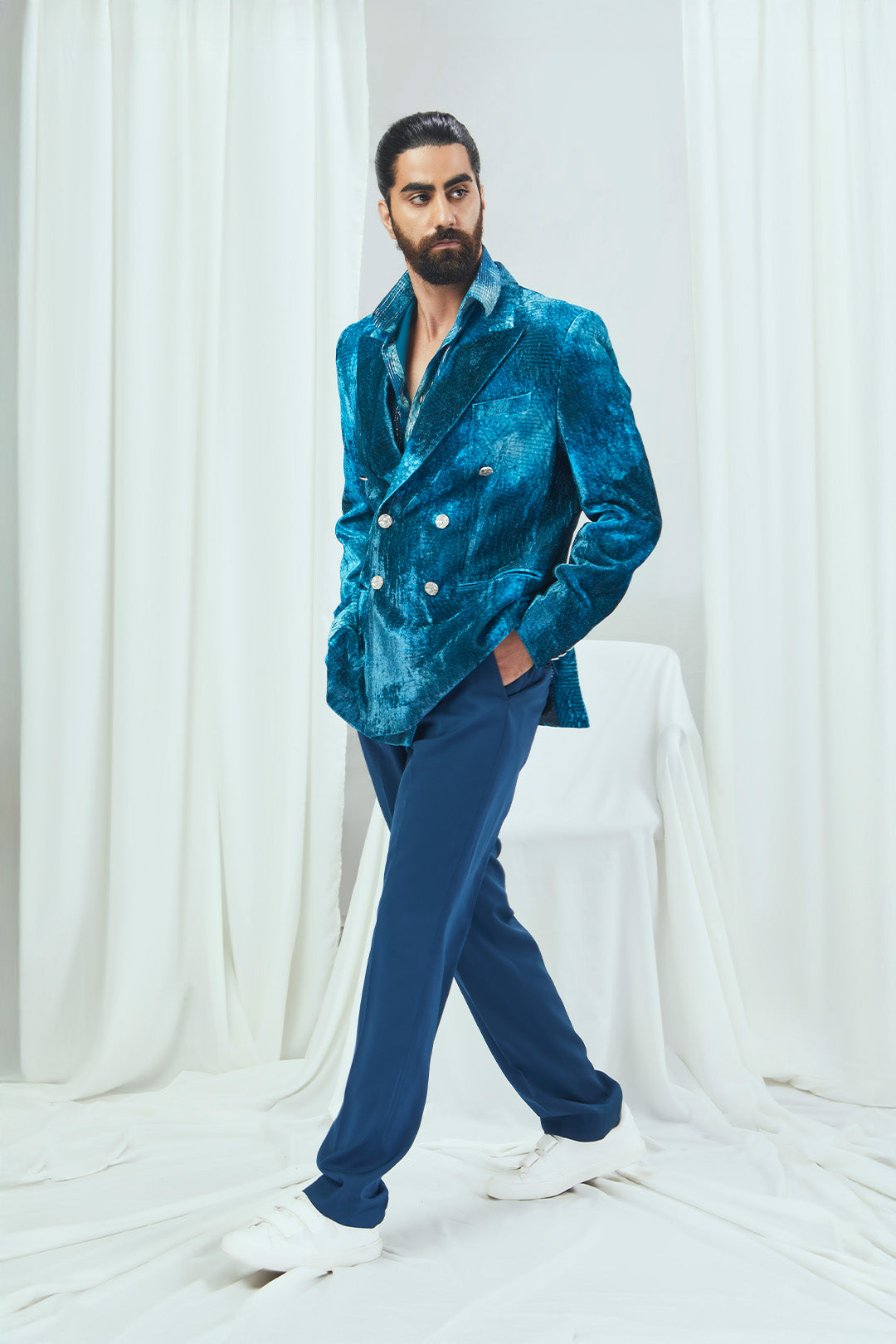 Velvet Printed Double Brested Blazer