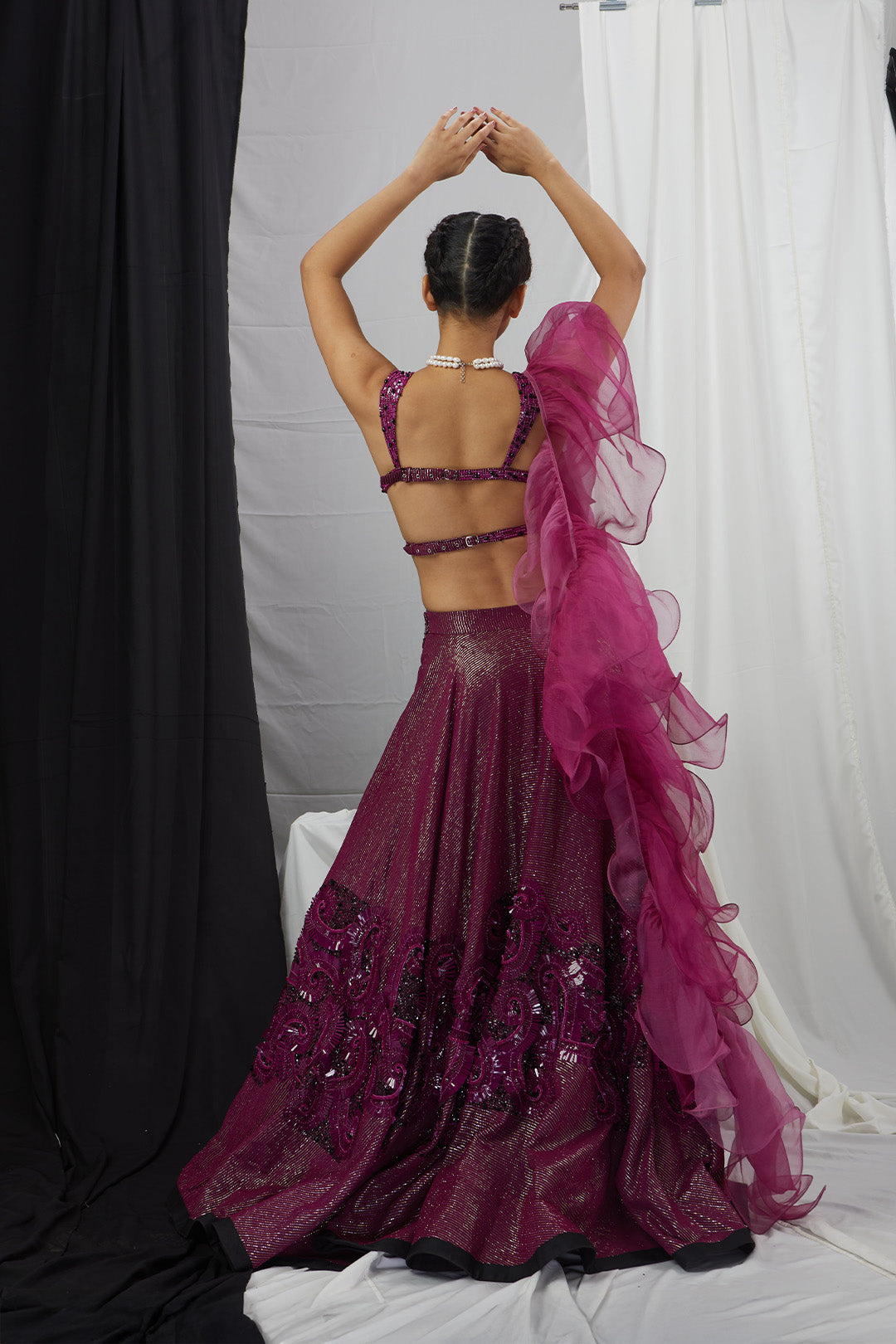 Backless Blouse Embellished Lehenga Set with Ruffle Dupatta