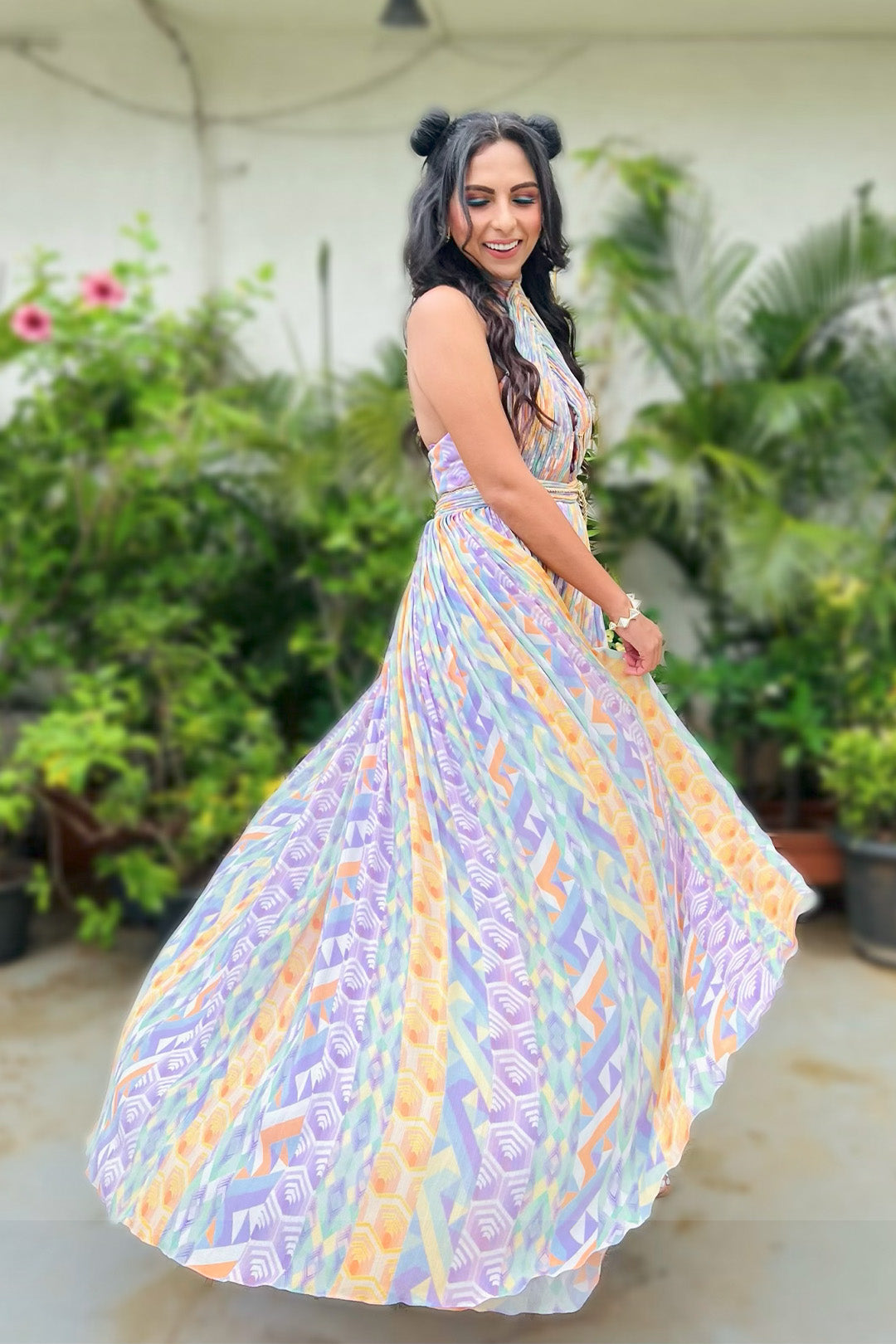 Karishma Sakhrani in Halter Neck Cording Maxi in Multi-Geo Print from Retro-Spection Collection