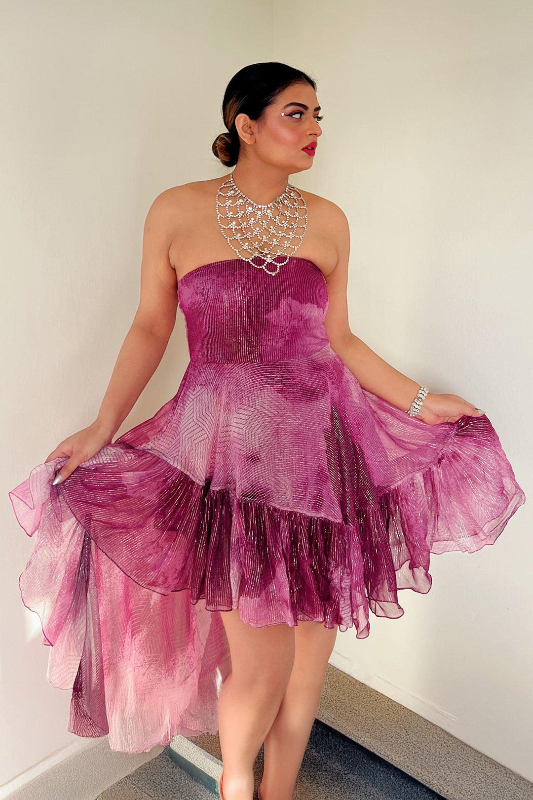 Rini Jain in our Ruby Printed Lurex Asymmetrical Ruffle Dress from Matrix Collection