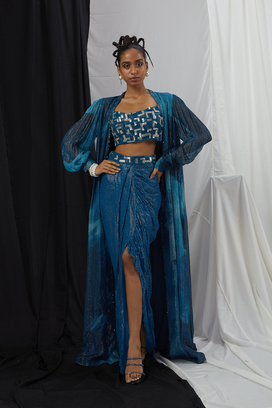 Embrioderd Blouse with Draped Skirt and Printed Cape Set