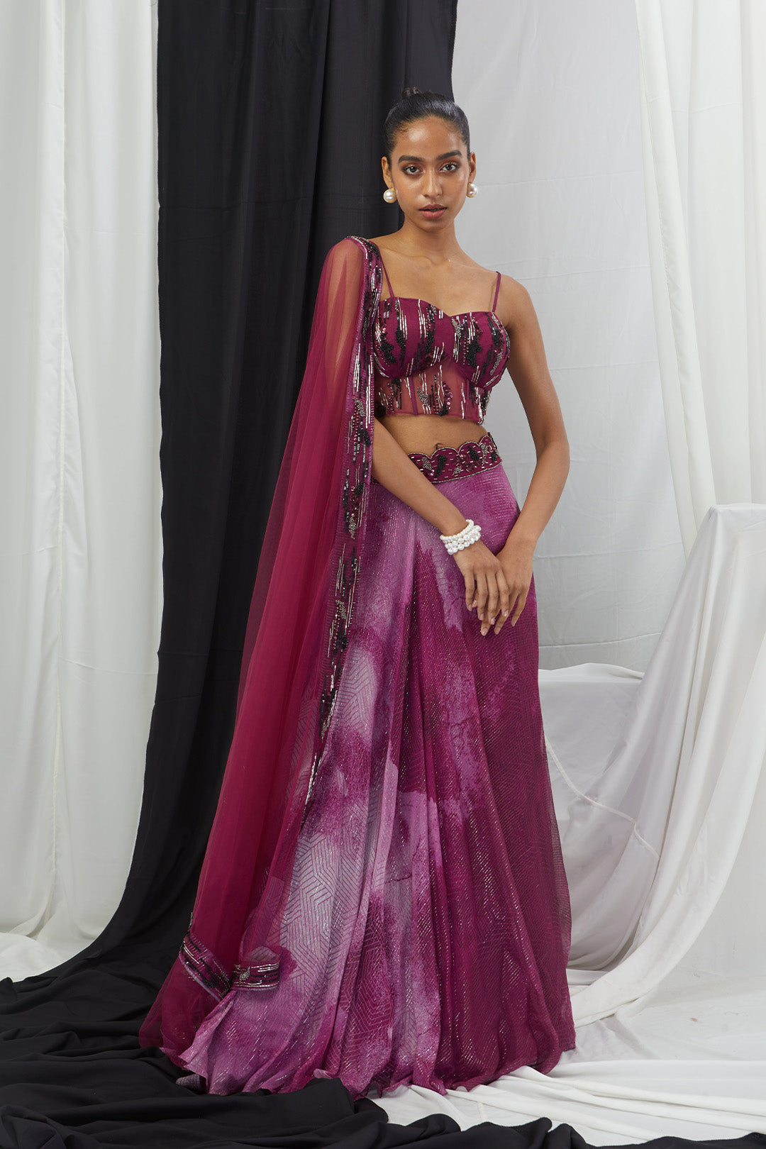 Sage-Maroon Print And Highlighted Corset Blouse Lehenga Set
