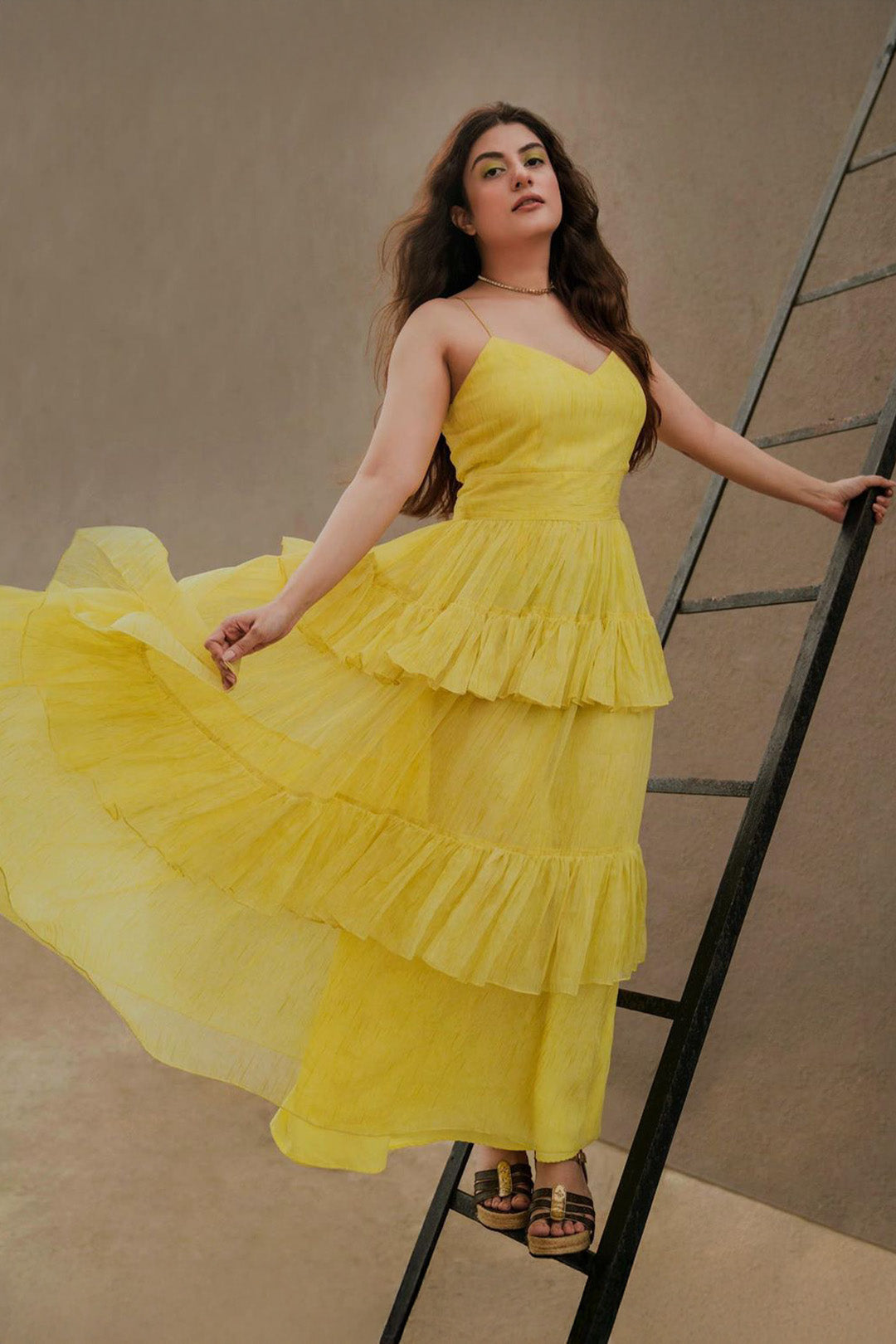 Trishala Sikka In Yellow Space-dyed Tiered Gown