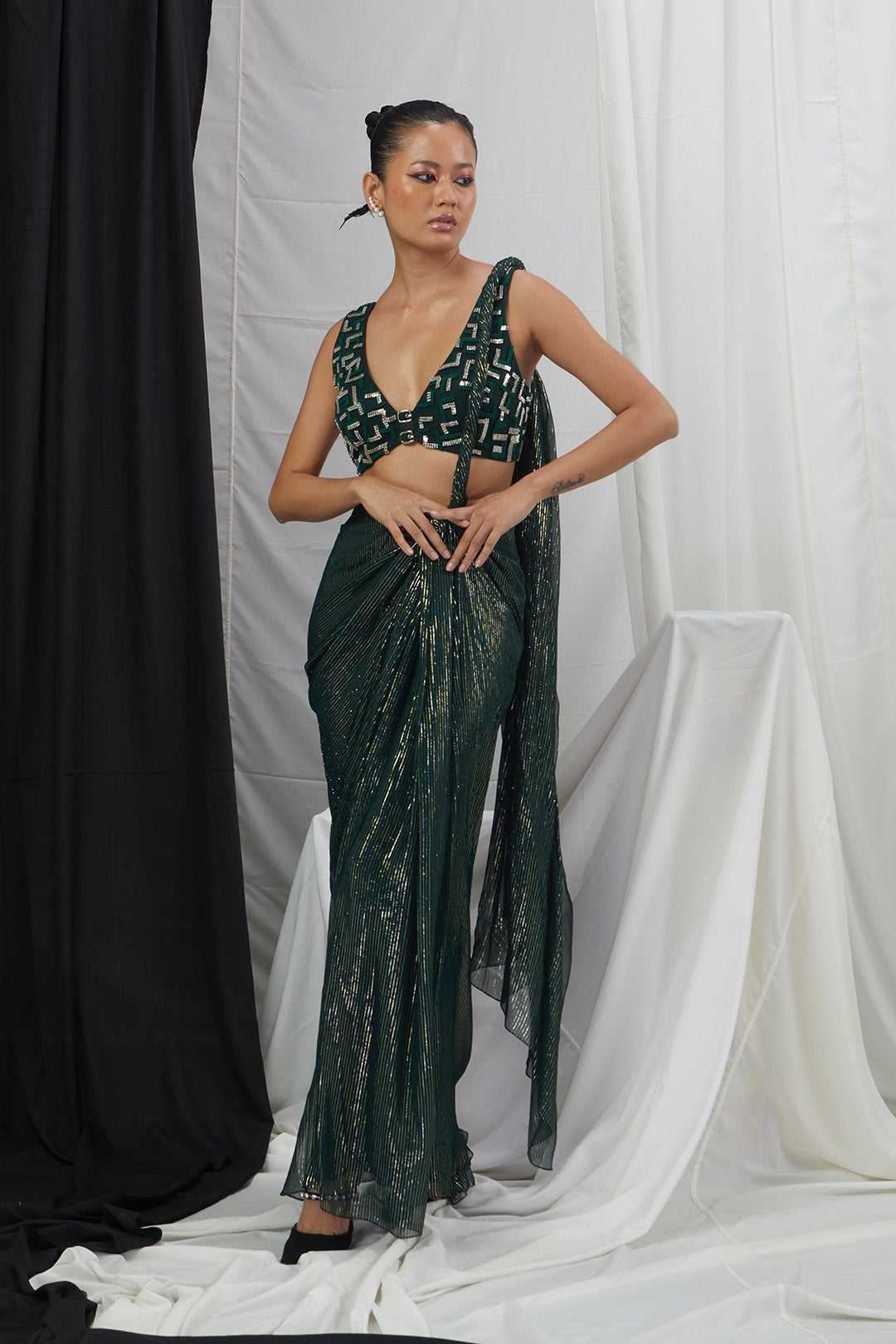 Embriodered Blouse with Pre Draped Saree