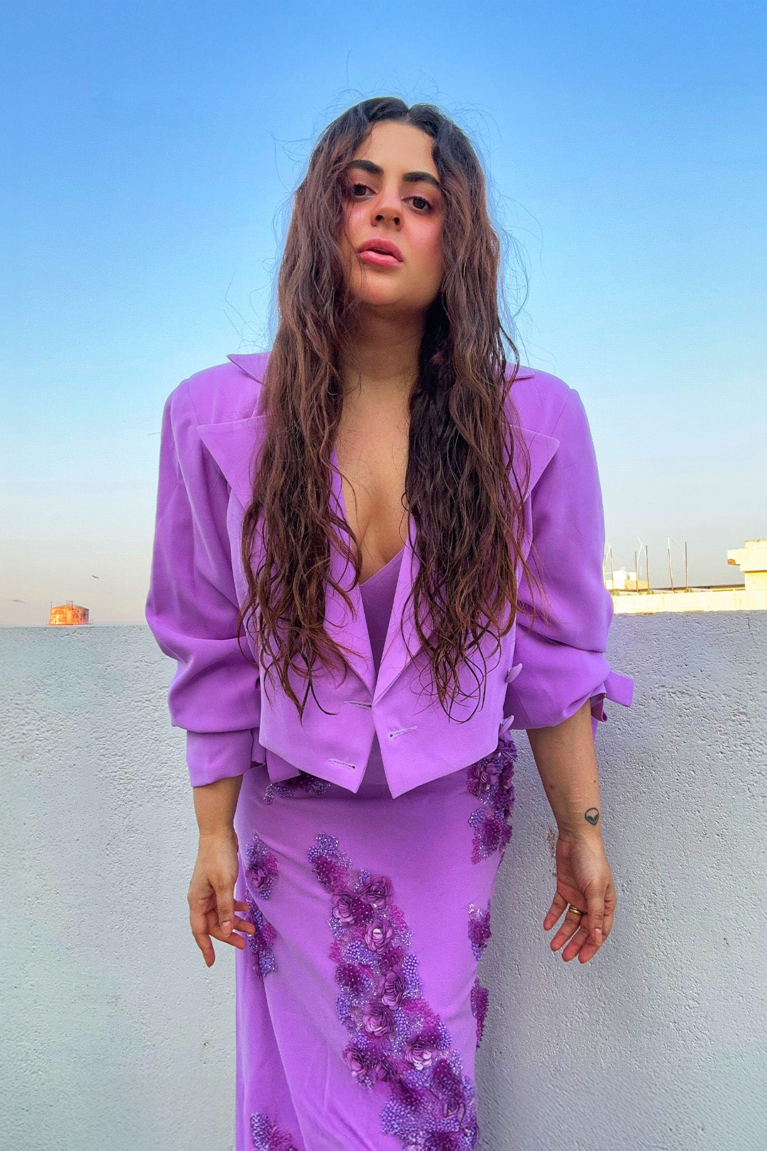 Shreen Sikka in our Lilac Embroidered Dress with Silt Paired with lilac Crop Blazer from Magical Wilderness Collection