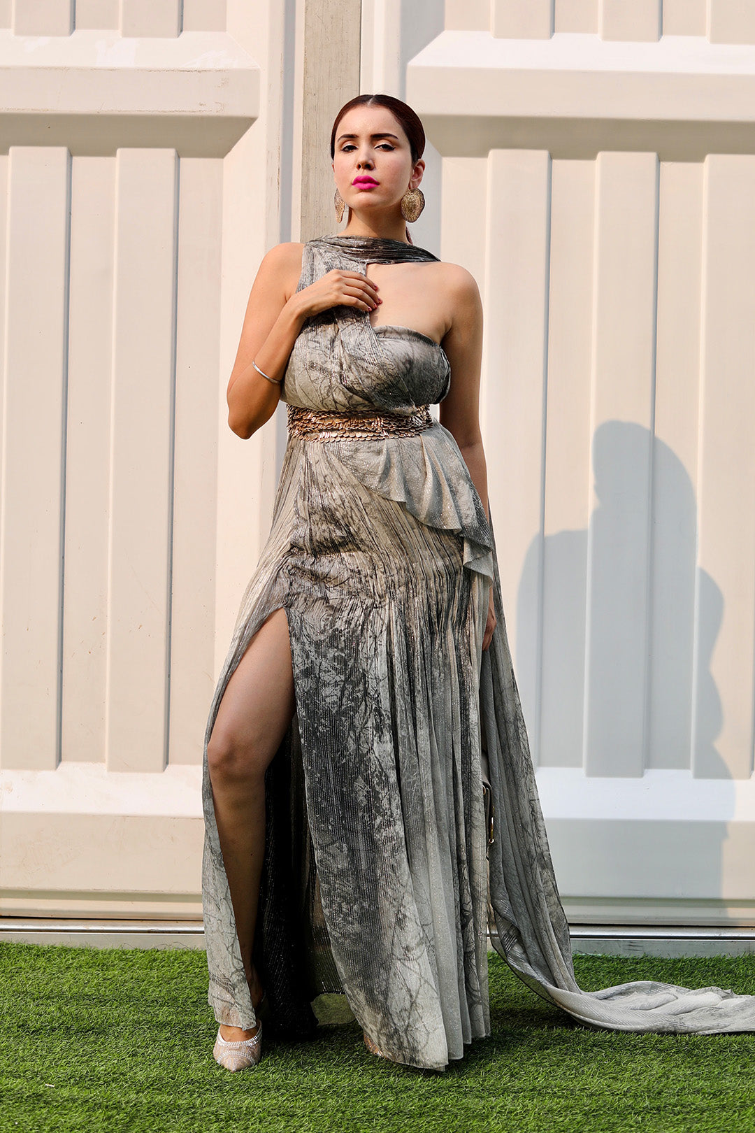 Jasleen Sabrawal in our Forest Printed One Shoulder Dress with Hand Embroidered Waist Band and Tail from Matric Collection