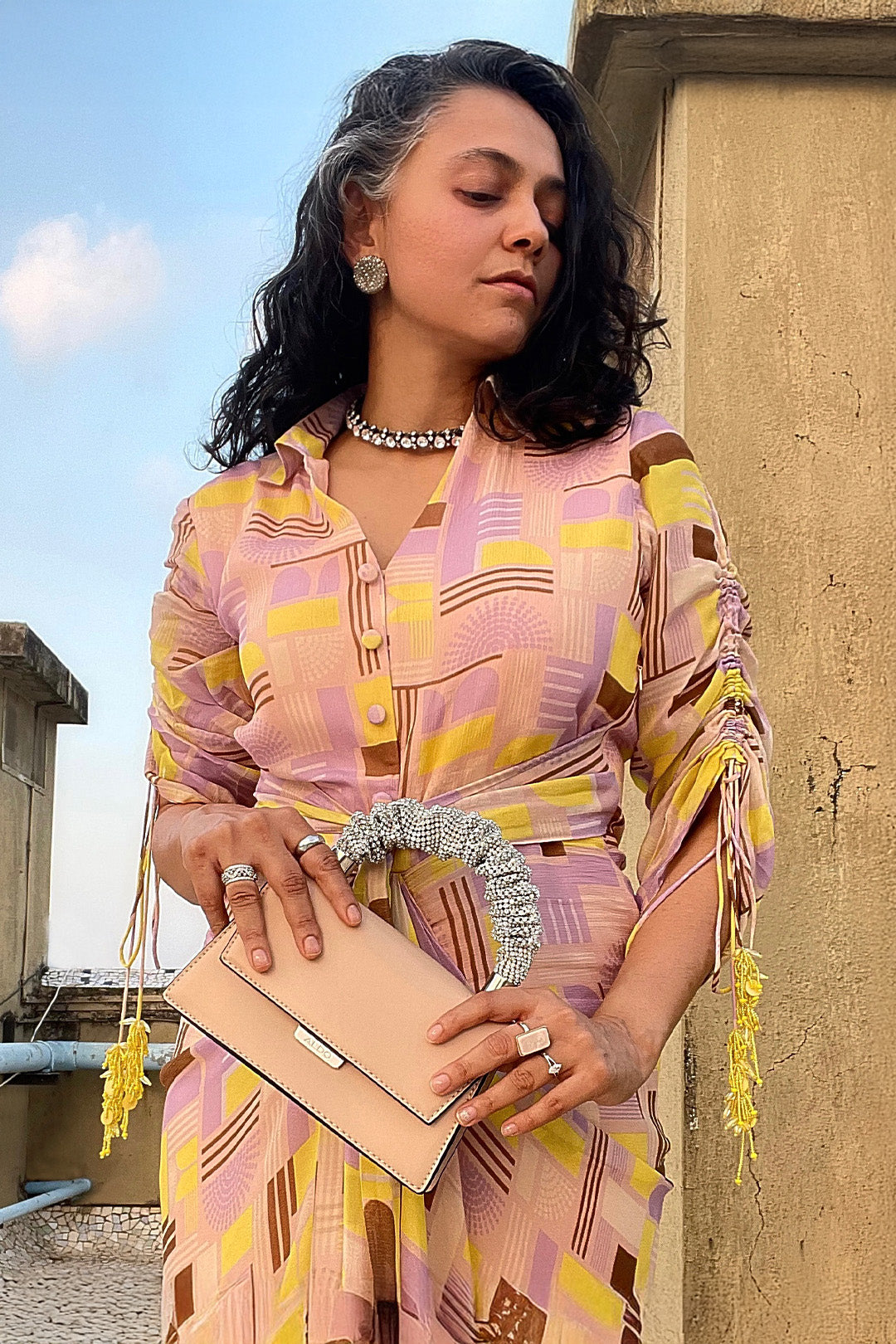 Isha Bhansali in Lemon Yellow Geometric Printed Draped Dress from Magical Wilderness Collection