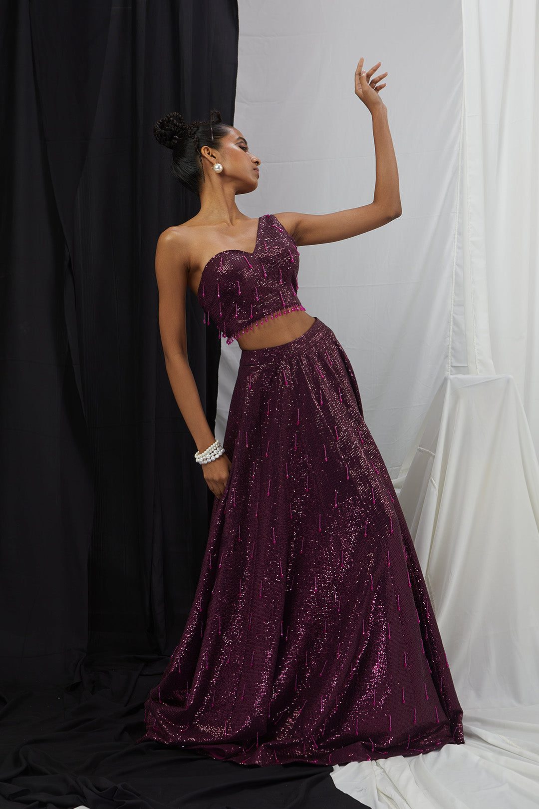 Embellished One Shoulder Lehenga Set with Attatched Dupatta