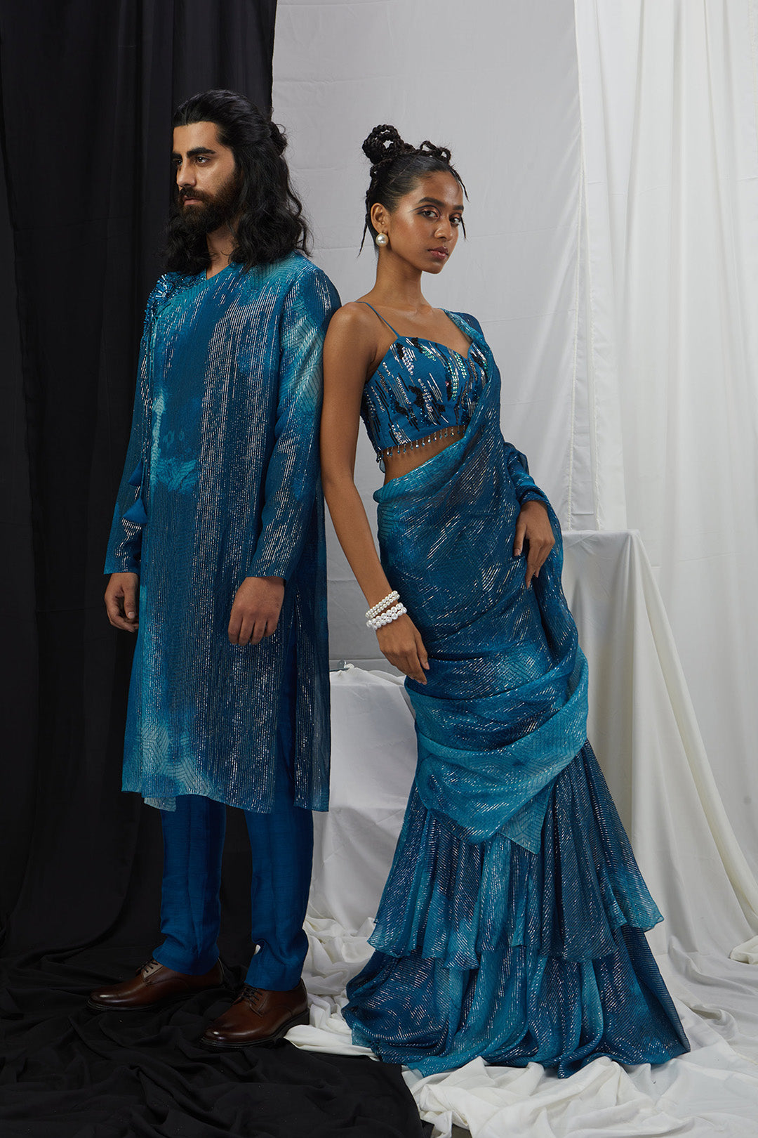 Pre Draped Ruffle Saree with Embriodered Blouse Set