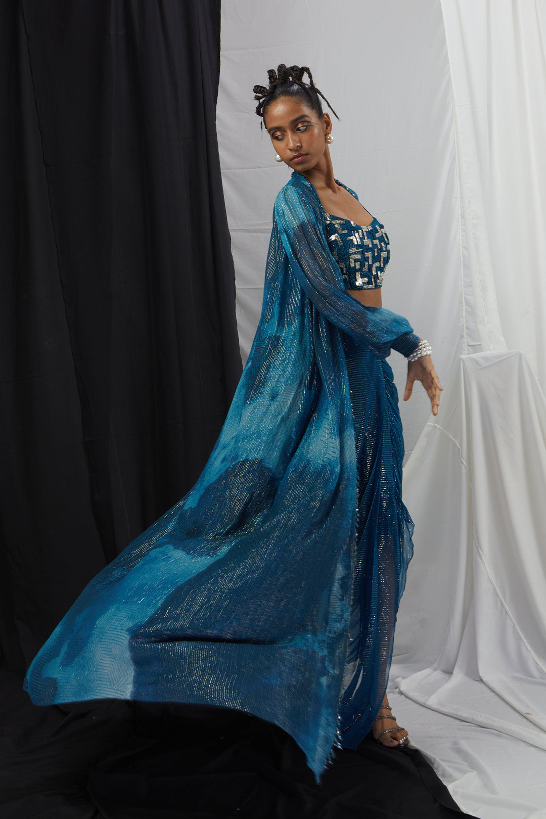 Embrioderd Blouse with Draped Skirt and Printed Cape Set