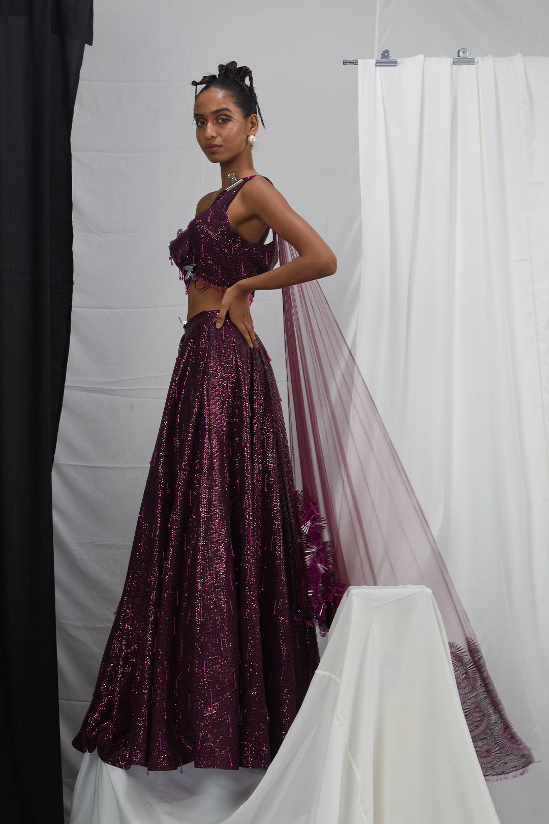 Embellished One Shoulder Lehenga Set with Attatched Dupatta