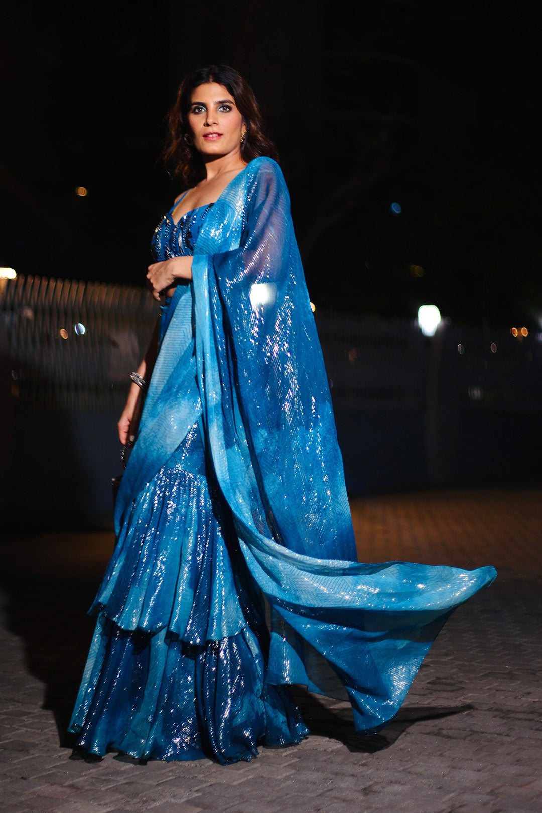Kirshna Talsara in our Pre Draped Jade Blue Blotch Printed Ruffle Saree with Hand Embroidered Blouse from Matrix Ethnic Collection