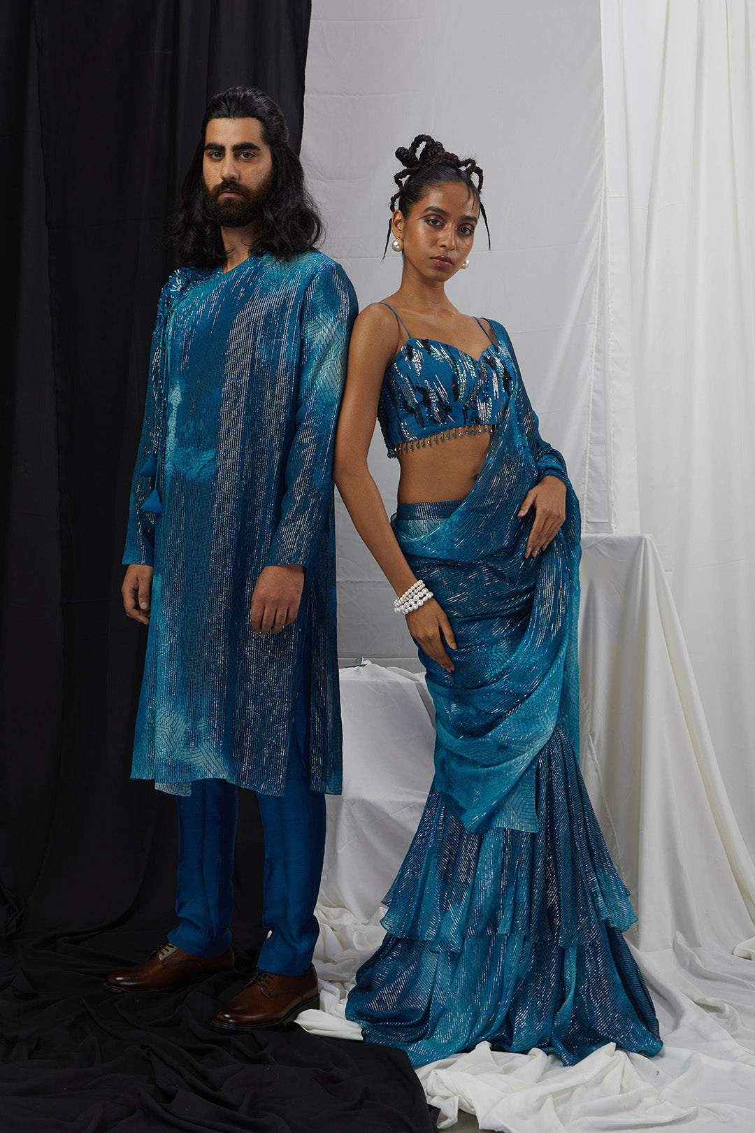 Pre Draped Ruffle Saree with Embriodered Blouse Set