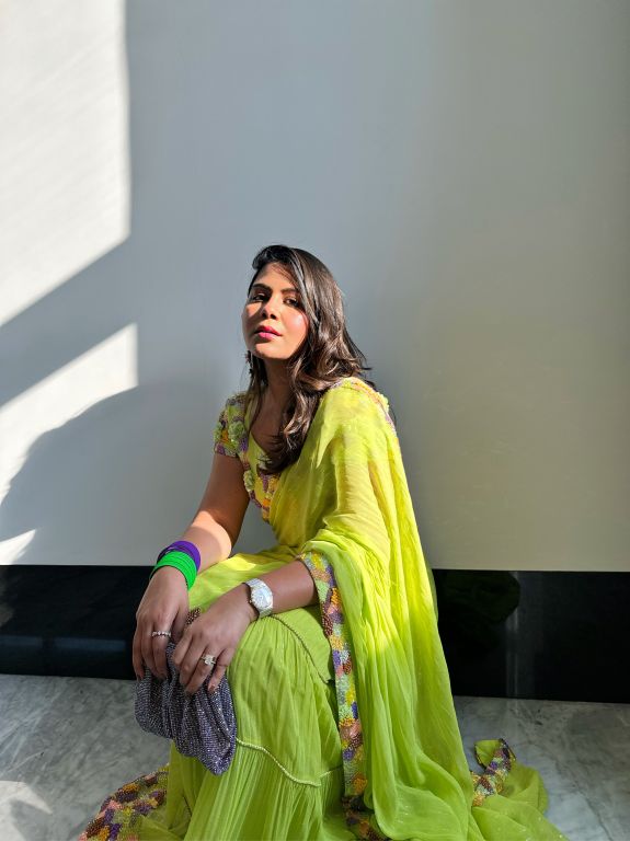 Chikky Goenka in Neon Hand Embroidered Blouse and Pre-Draped Saree with Cording detailing from Magical Wilderness Collection