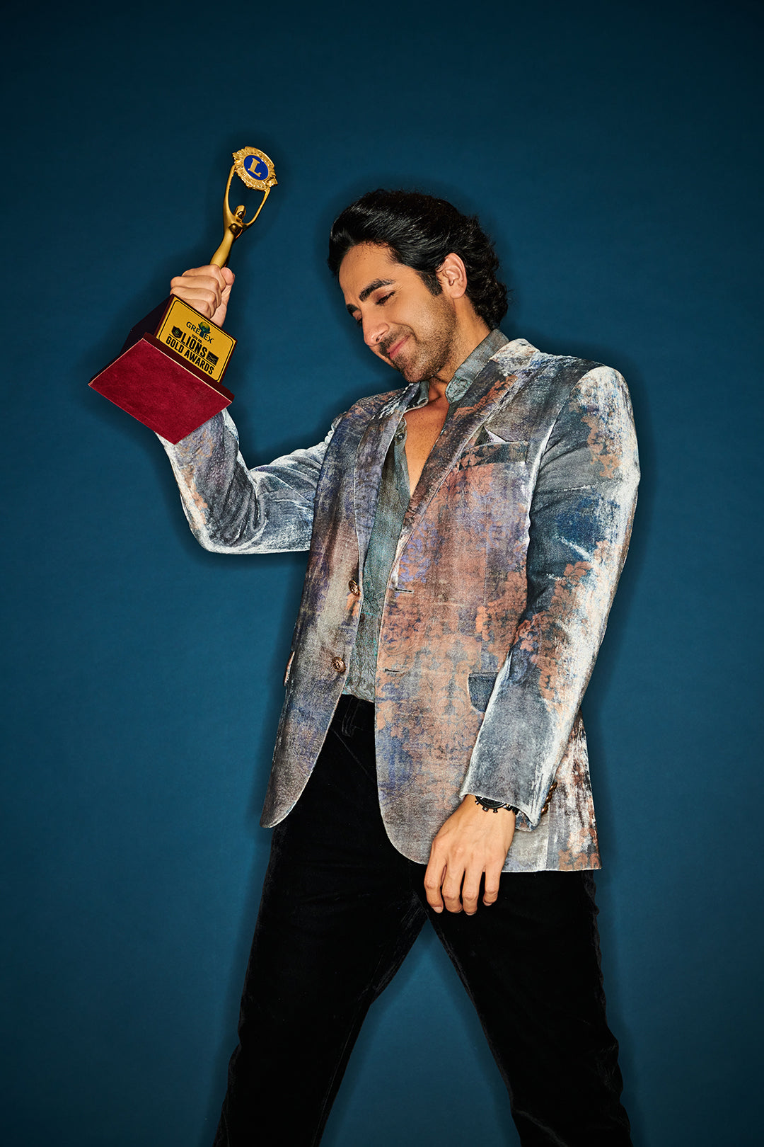 Ayushmann Khurrana in Our Velvet Blazer and Chiffon Shirt from Our Ancienne Collection