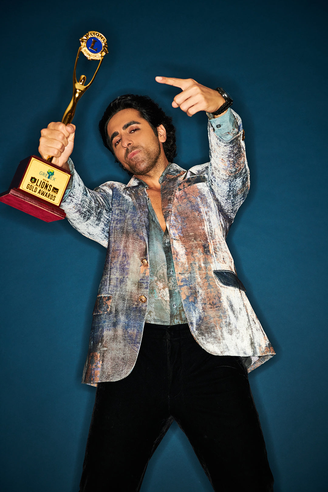 Ayushmann Khurrana in Our Velvet Blazer and Chiffon Shirt from Our Ancienne Collection