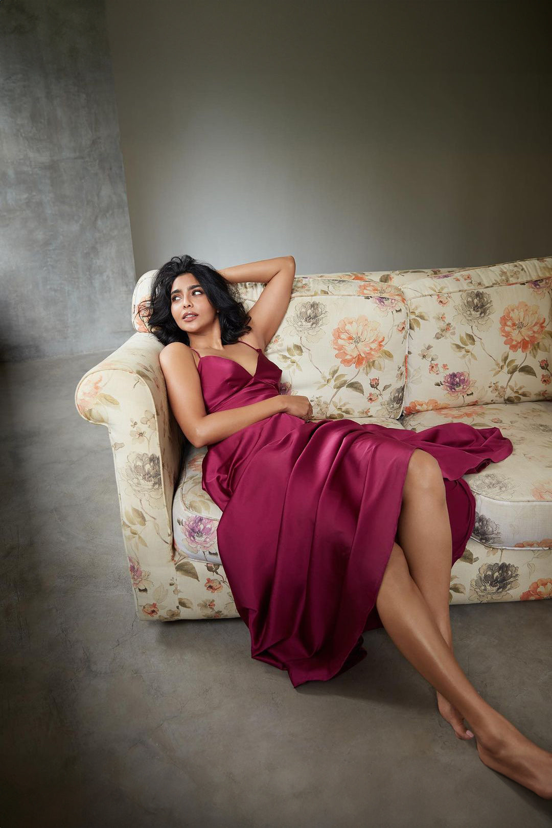 Aishwarya Lekshmi in our Ruby Satin Slip Gown with Cross Back from Matrix Collection