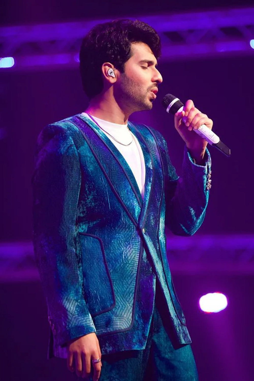 Armaan Malik in our Jade Blue Blotched Print Velvet Blazer Set from Matrix
