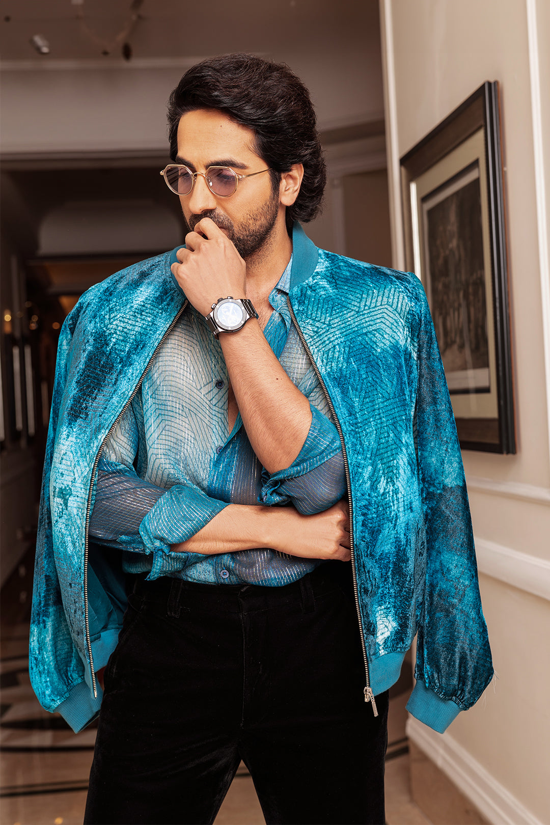 Ayushmann Khurrana in Our Jade Blue Printed Sheer Lurex Shirt and Jade Blue Printed Velvet Bomber Jacket from Matrix