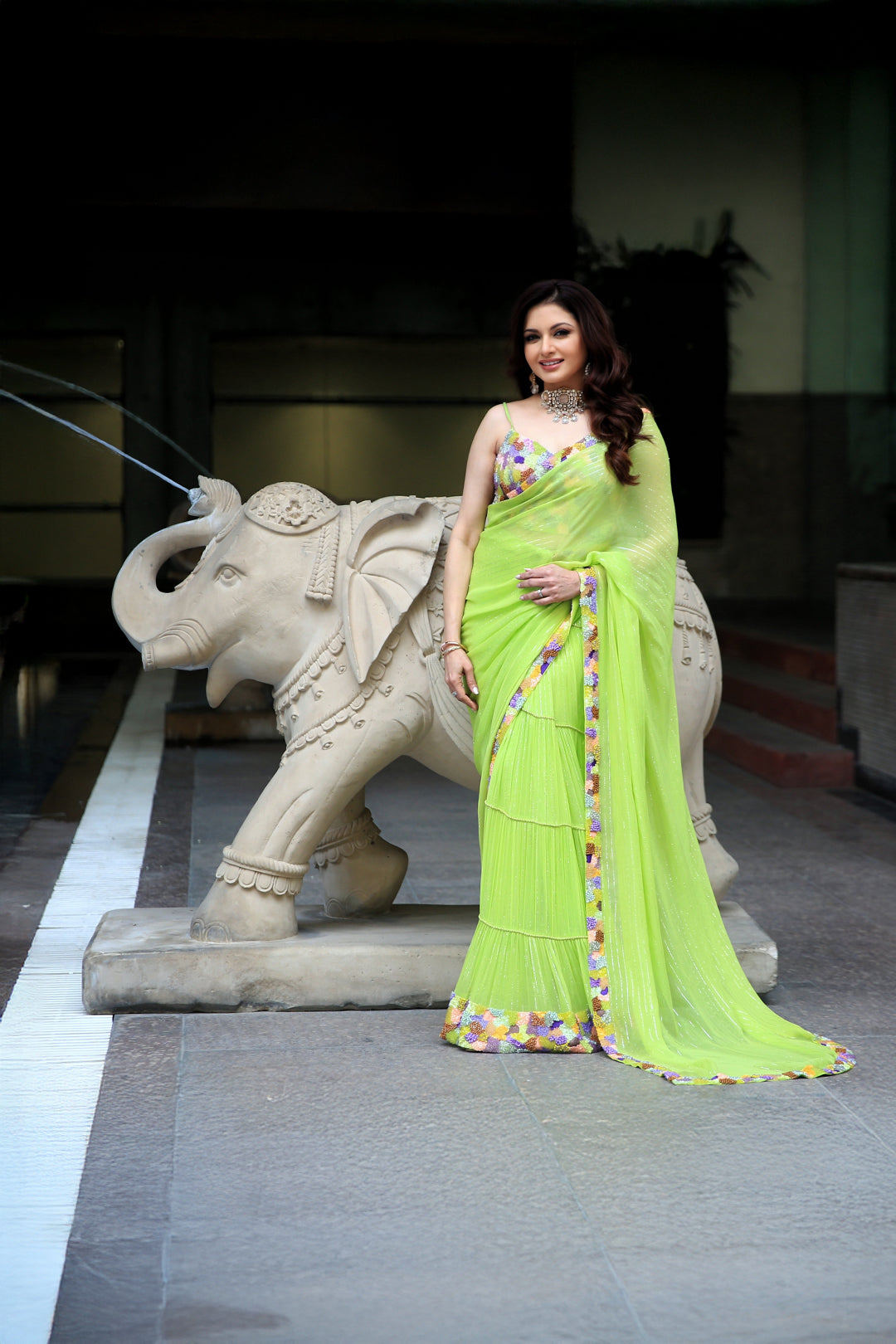 Bhagyashree in our Neon Hand Embroidered Pre-Draped Saree Set from Magical Wilderness
