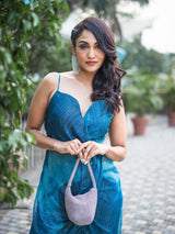 Shirma Rai in our Jade Blue Blotched Printed Lurex Gown With Cowl Draping from Matrix Collection