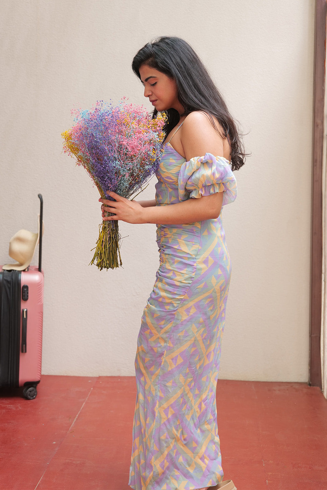 Nishtha gandhi in Nirmooha's Fitted Ruched Dress with Puff Sleeves from Retro-Spection Collection