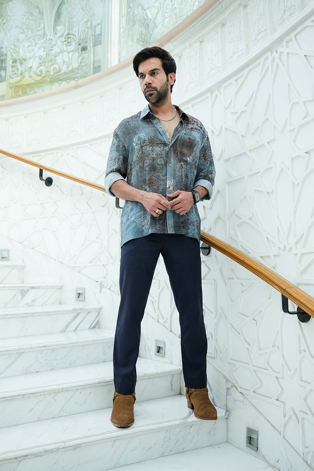 Rajkumar Rao In Nirmooha's Printed Chiffon Shirt from Our Anicienne Collection