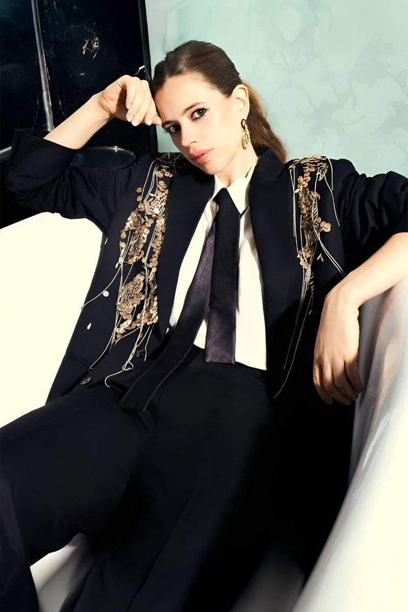 Kalki in our Carbon Hand Embriodered Blazer paired with Carbon Flared Pants