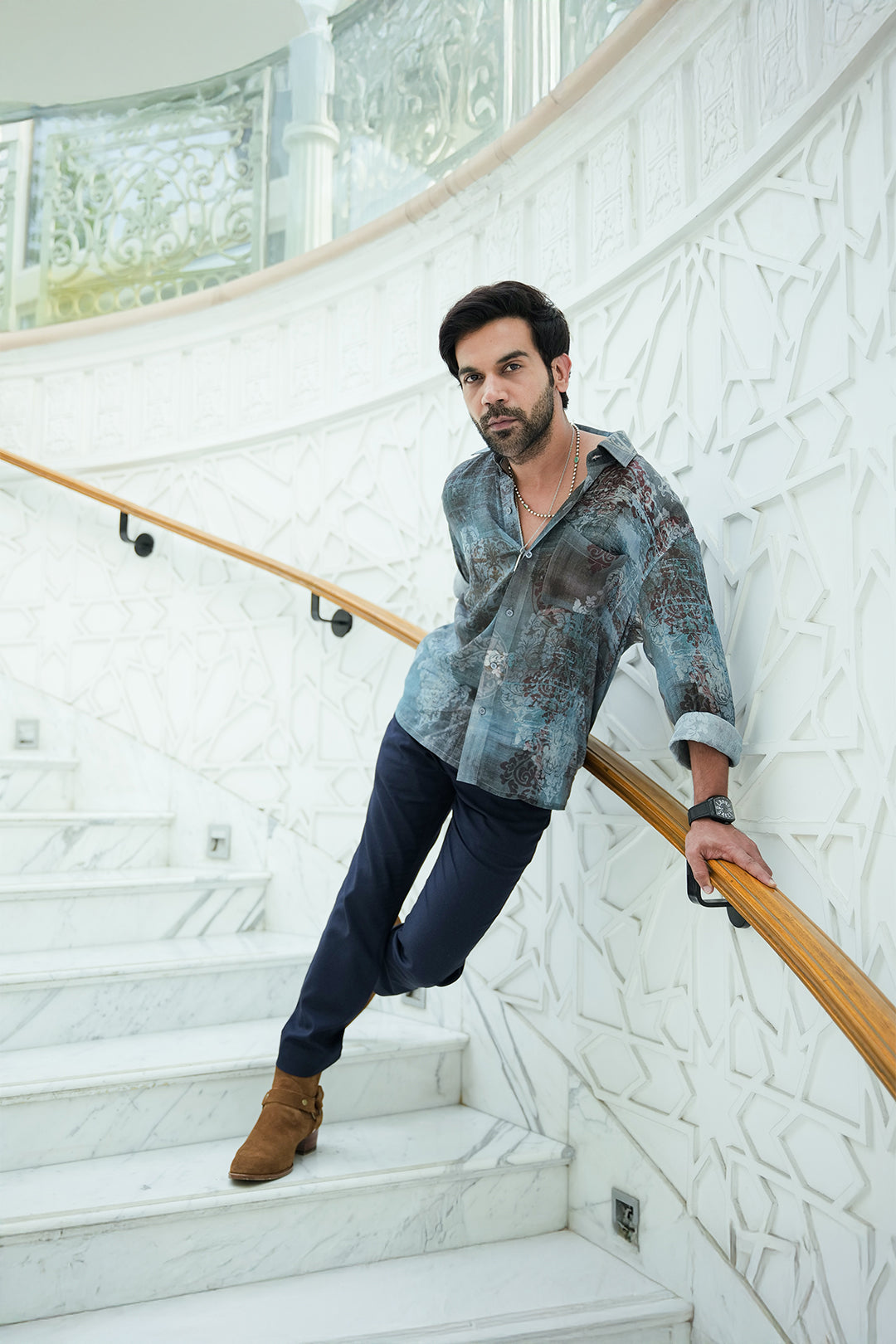 Rajkumar Rao In Nirmooha's Printed Chiffon Shirt from Our Anicienne Collection