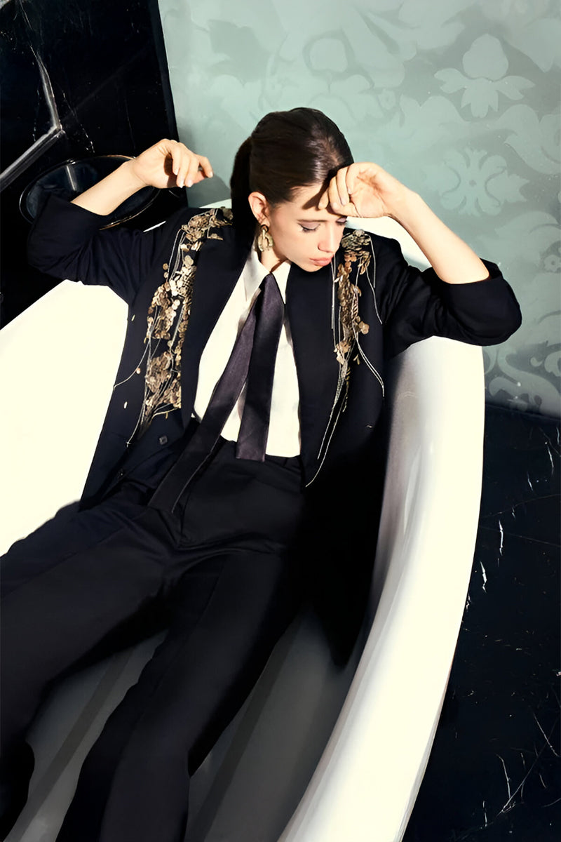 Kalki in our Carbon Hand Embriodered Blazer paired with Carbon Flared Pants