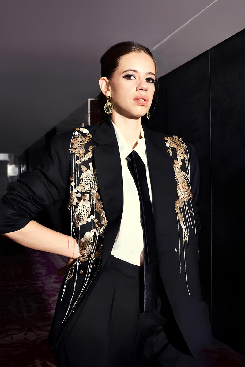 Kalki in our Carbon Hand Embriodered Blazer paired with Carbon Flared Pants