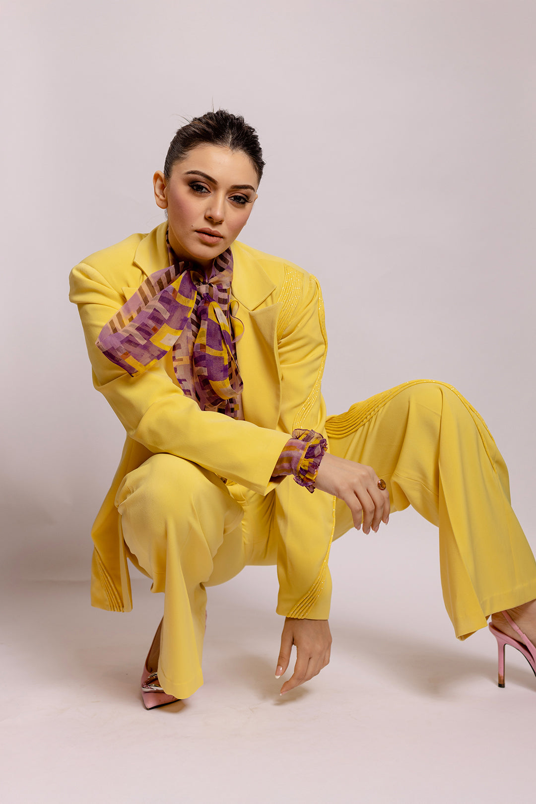Hansika Motwani in Nirmooha's Lemon Yellow Blazer with Cording Detailing Suit and Geometric Printed Organza Tie Up Top with ruffle detailing from Magical Wilderness Collection