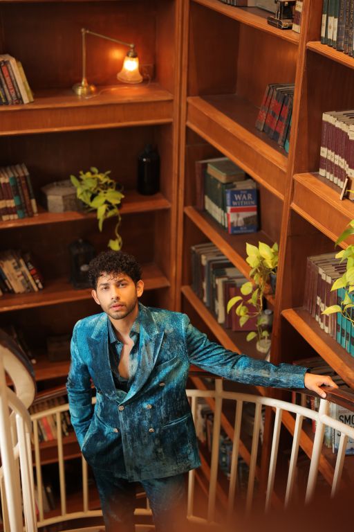 Varun Agrawal in our Jade Blue Blotched Print Blazer, Jade Blue Blotched Print Velvet Pants and Jade Blue Lurex Blotch Printed Shirt with Lining from Matrix Collection