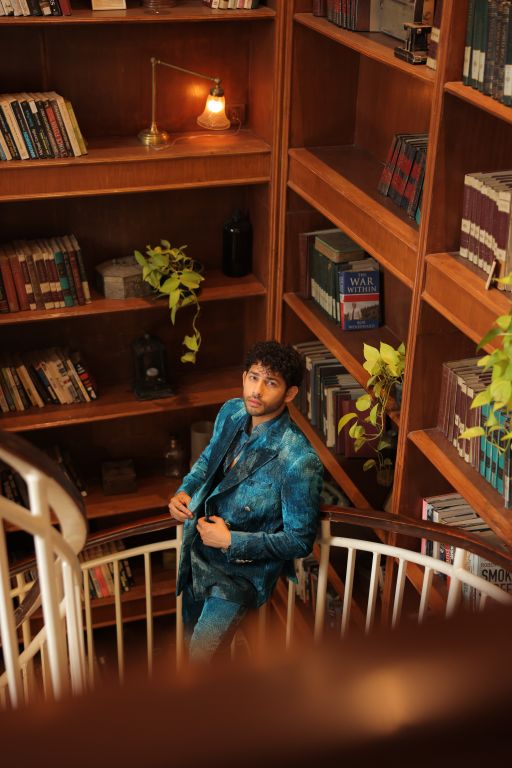 Varun Agrawal in our Jade Blue Blotched Print Blazer, Jade Blue Blotched Print Velvet Pants and Jade Blue Lurex Blotch Printed Shirt with Lining from Matrix Collection
