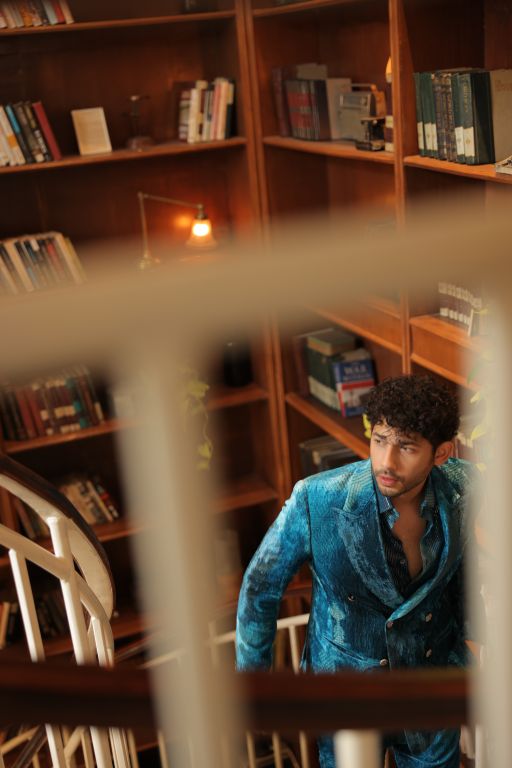 Varun Agrawal in our Jade Blue Blotched Print Blazer, Jade Blue Blotched Print Velvet Pants and Jade Blue Lurex Blotch Printed Shirt with Lining from Matrix Collection